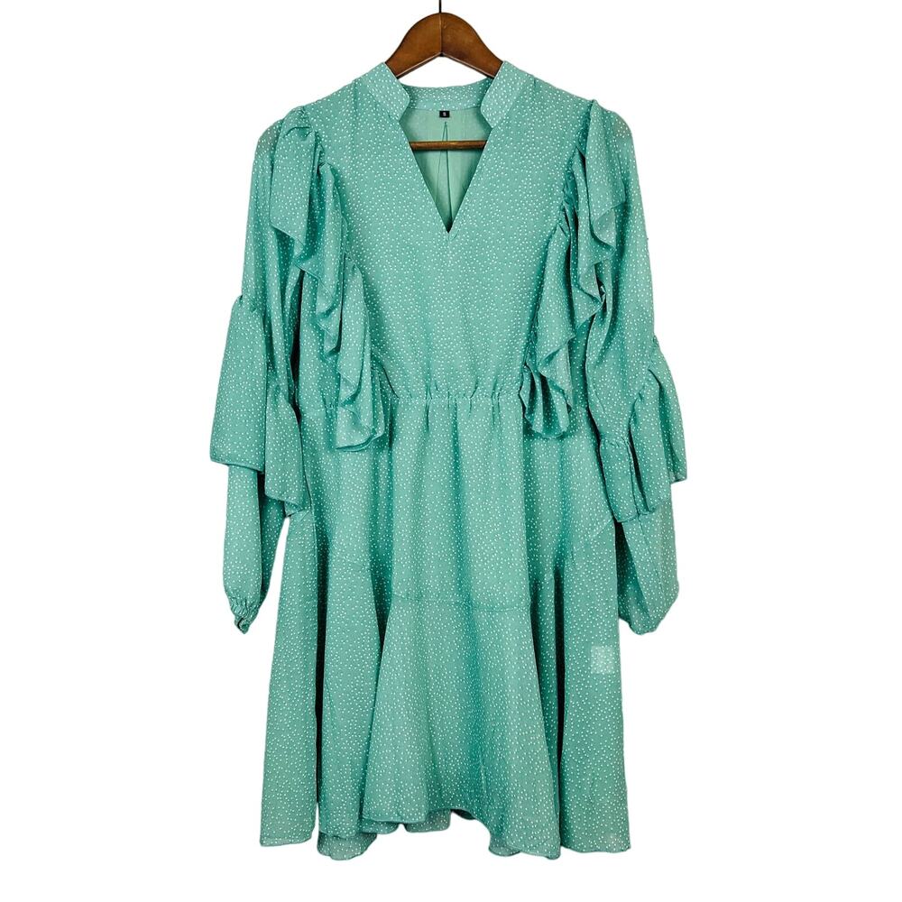 Tiered Dress Polka Dot V Neck Long Sleeve Mint Green - S